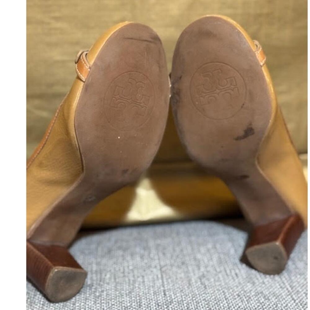 Women’s Tan Patent Leather Block Heel Pumps with Buckle Detail - Picture 9 of 10